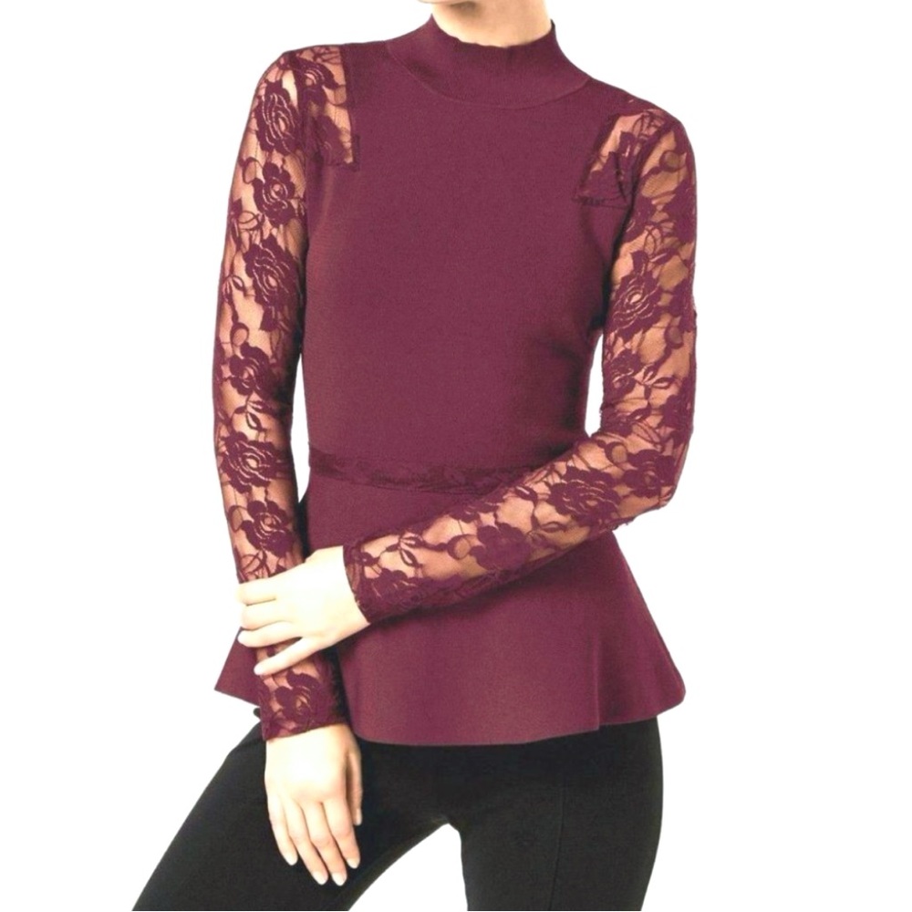 Inc. International Concepts Maroon Long Lace Sleeve Peplum Blouse Womens XL